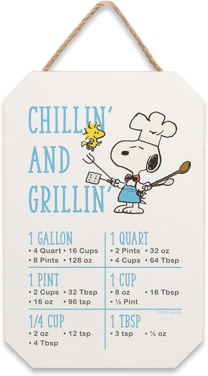 Peanuts Snoopy Chillin' and Grillin' Conversion Chart Hanging Wood Wall Decor - Fun Kitchen Measuring Sign