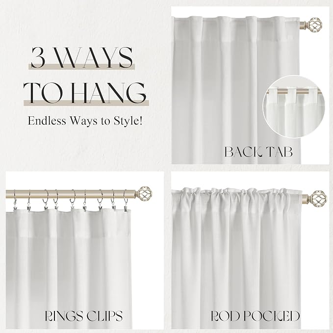 Jowels Off White Linen Curtains 108 Inch Long 2 Panels for Living Room | Light Filtering Semi Sheer Curtain, Back Tab Pocket Pleated Look, Boho Farmhouse Textured Privacy Drapes for Bedroom Window