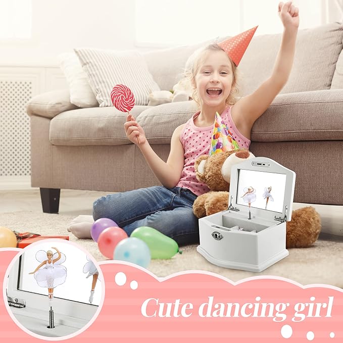 Wooden Ballerina Medium White Musical Jewelry Box with Mirror and Lock for girls，Kid's Jewelry Storage Music Box,Gifts for Christmas,Birthday and all Holidays