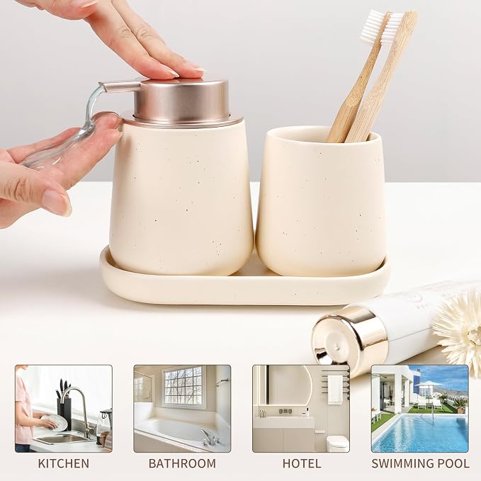 BosilunLife Ceramic Bathroom Accessories Set 3 Pcs, Liquid Soap Dispenser and Toothbrush Holder with Tray, Modern Farmhouse Vanity Decor, Apricot Housewarming Gift