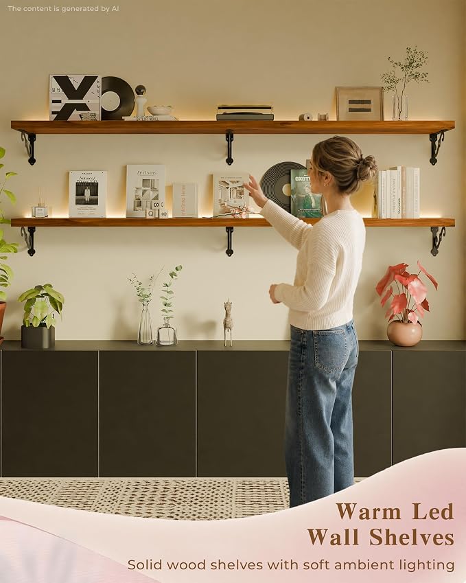 60 Inch 2 Tier Solid Wood Floating Shelves with LED Light, Metal Brackets | 60 inch solid pine shelves, 2 tier, warm LED light, walnut finish, metal brackets for books and decor