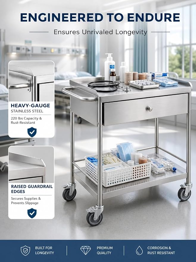 Metal Rolling Cart with 360° Silent Wheels, 220 lbs Capacity Utility Cart, 2-Tier Medical Cart with Handle & Lockable Casters for Lab, Clinic, Kitchen, BBQ Party, Salon