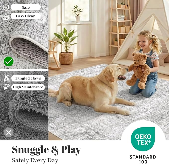 Homemate Washable Rug 6x9 Area Rugs - Vintage Faux Wool Rugs for Living Room Bedroom Dining Room - Non Slip Foldable Carpet Indoor Area Rug for Home Decor（6'x9', Grey