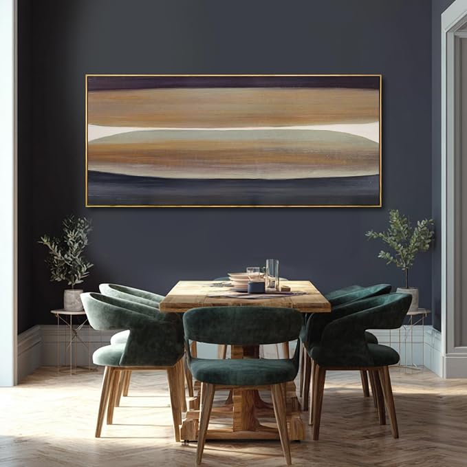 Beige Brown Hand-painted Canvas Wall Art, 32x70 Inch Framed Horizontal Abstract Artwork with Neutral Tones for Living Room Decor