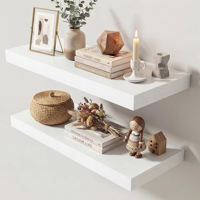 Dreamland 24 Inches Floating Shelves for Wall,9.3" Deep Long Floating Shelves Set of 2,Large Display & Storage Shelf,Wall Shelf for Bathroom Bedroom Living Room Kitchen Office,White