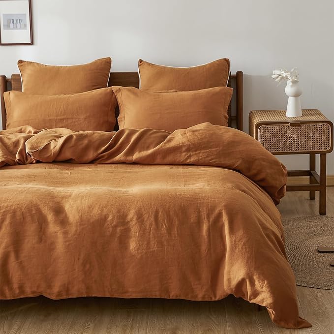 Simple&Opulence 100% Linen Duvet Cover Set, 3 PCS Natural French Flax Rust Duvet Cover King Size, Breathable Soft Comfy Linen Bedding Comforter Cover with 2 Pillowcases(Rust, 104"x92")