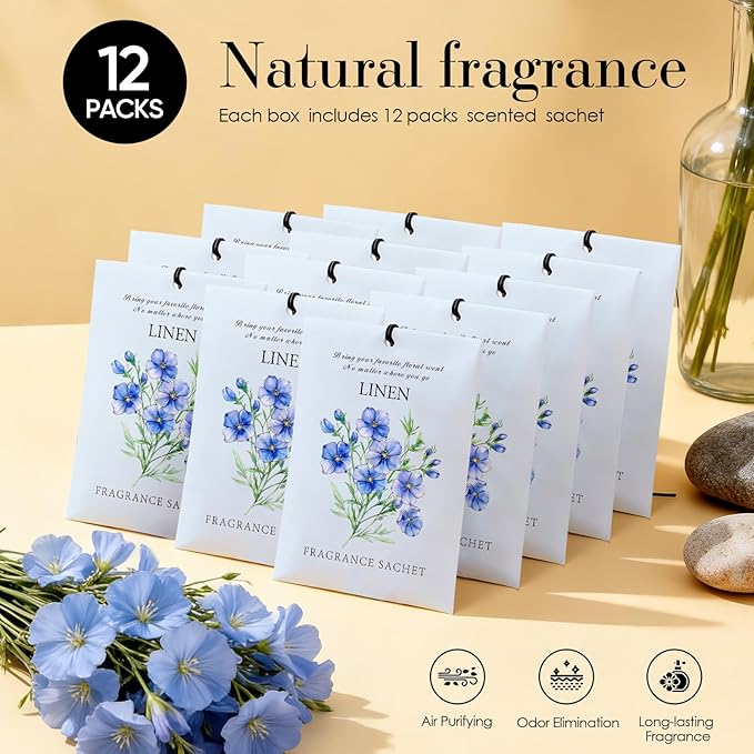 Linen Scented Sachet Bags - 12 Pack Drawer & Closet Freshener, Long Lasting Odor Eliminator for Wardrobes, Cars & Storage, Home Fragrance Air Freshener Sachets