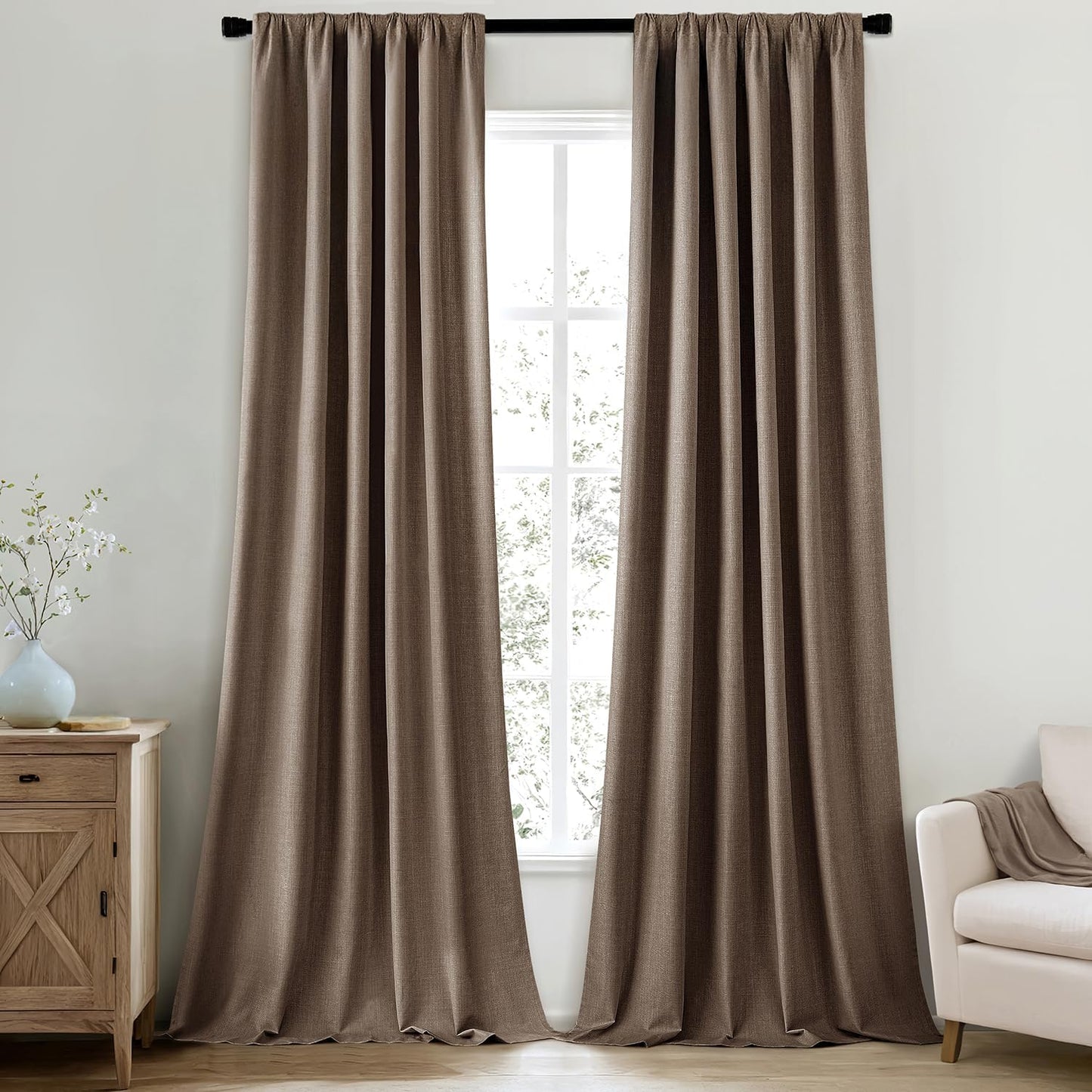 MIULEE 100% Blackout Curtains 96 Inch Long 2 Panels Set for Bedroom, Thick Faux Linen Black Out Curtain Room Darkening Back Tab Pleat Window Textured Drapes with Hooks for Living Room, Dutch Cocoa