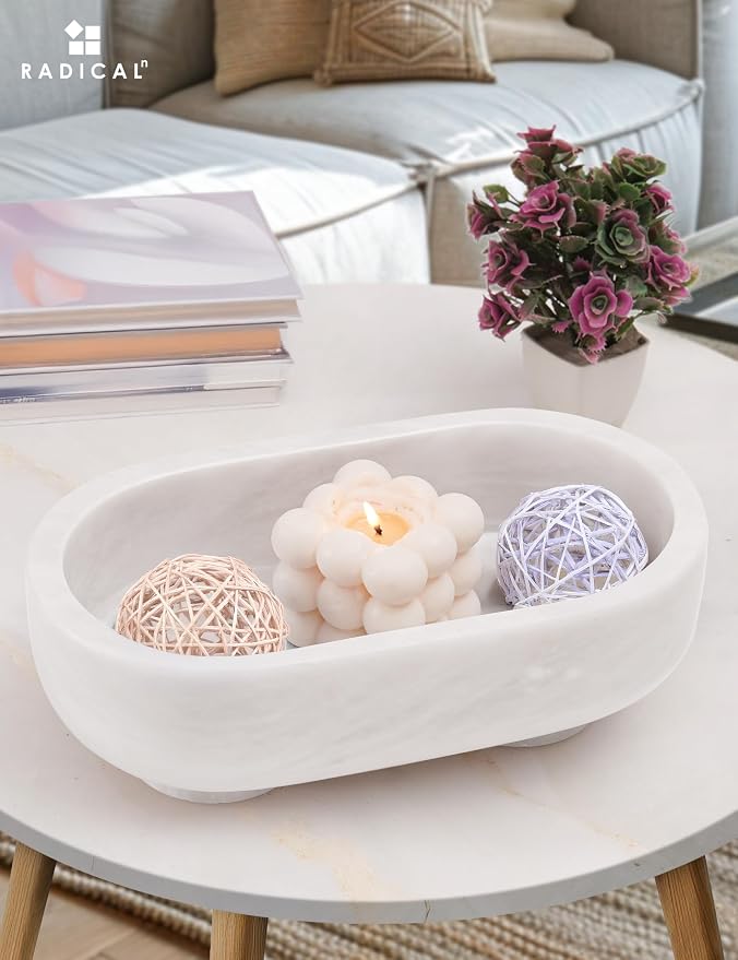 Radicaln Marble Oval Bowl With Stand 10" Inches White Handmade Key Bowl For Entryway Table, Ideal Decorative Bowl, Candy Dish & Candle Bowl, Marble Fruit Bowls