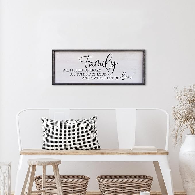 Family A Little Bit Of Crazy Sign Wall Decor 32"×12" Rustic Farmhouse Living Room Large Soild Wood Framed Hallway Hanging Sign Aesthetic Inspirational Quotes Entryway Home Wall Art (Black)