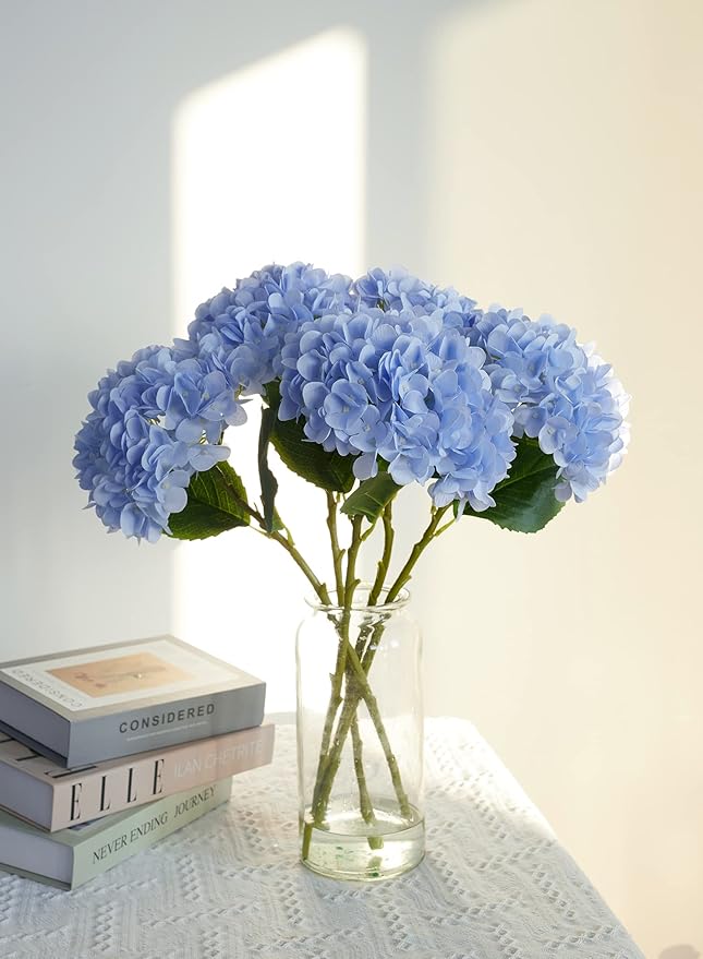 PARTY JOY 5PCS 15.4In Artificial Hydrangea Silk Flowers Bouquet Faux Hydrangea Stems for Wedding Centerpieces Home Decor (Light Blue)