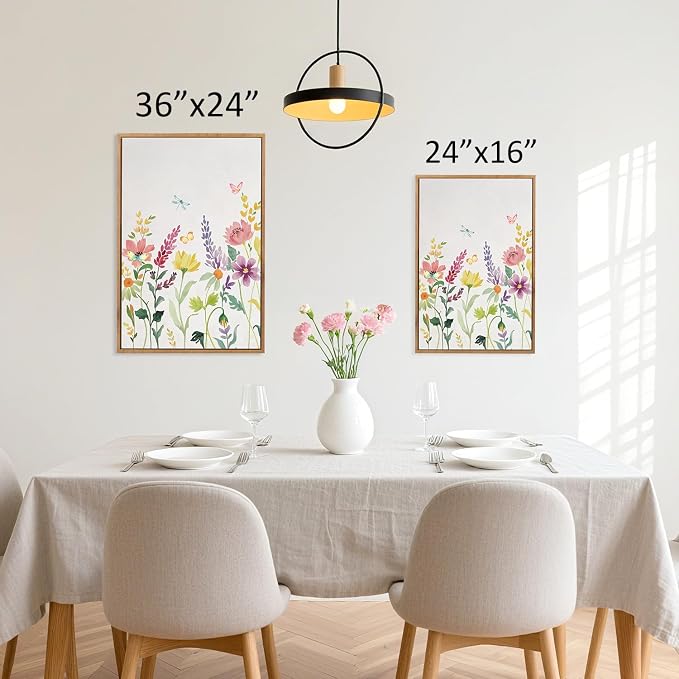 CHDITB Colorful Floral Framed Wall Art, Watercolor Flowers Wall Decor, Butterfly Flower Pictures Minimalist Wildflower Painting, Modern Home Art Prints for Girls Bedroom Living Room Office 24"x36"x3