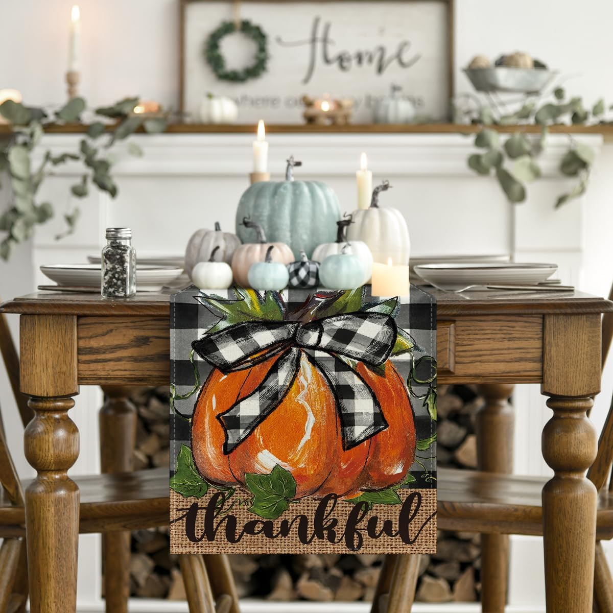 Artoid Mode Buffalo Plaid Bowknot Pumpkin Thankful Fall Table Runner, Autumn Thanksgiving Kitchen Dining Table Decoration for Home Party Decor 13x72 Inch