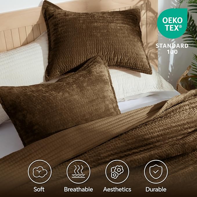 BEDELITE Velvet Quilt Set King Size - Luxury Soft Velvet Comforter Bedding Set for All Season, Lightweight Quilted Channel Stitch Oversized Bedspread Coverlet with 2 Matching Shams, Brown