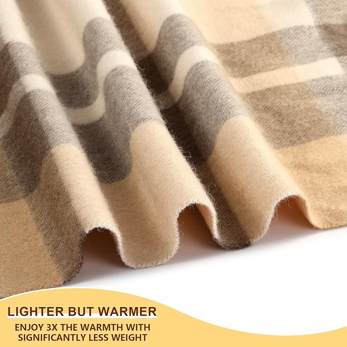 Pure Wool Blanket - Soft Lightweight Breathable Blanket Large 55x83 inches, 1.5 lbs, Wool Fringed Knee Throw Blanket for Couch Bed Outdoor Travel,Tartan-Camel/Cream
