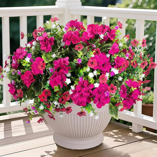 Ouddy Decor 18'' Artificial Geraniums Flowers for Outdoors, 10 Bundles Mixed Fake Silk Flowers Plastic Plants UV Resistant for Summer Garden Porch Patio Planter Home Decor, Fuchsia