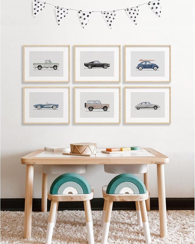 Blue Car Wall Art Decor Boys Room Wall Art Vintage Cars Canvas Poster Pictures Toddler Kids Room Prints Watercolor Vehicle Artwork Painting for Boys Bedroom Nursery 8x10 Inch Unframed Set of 6