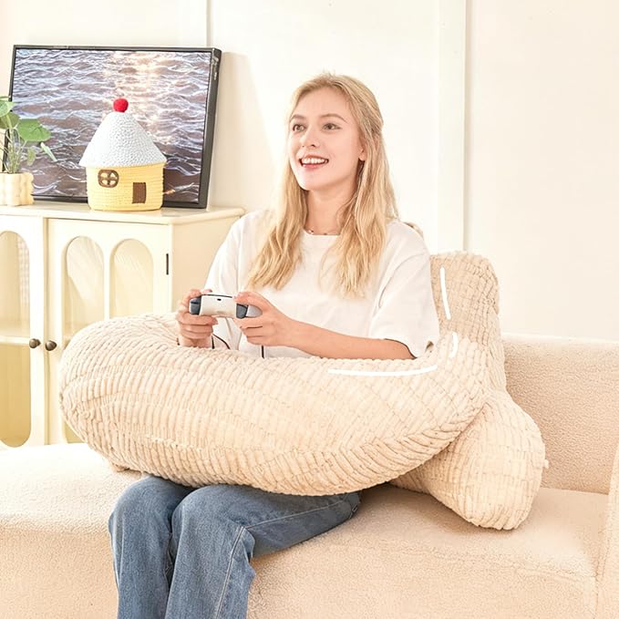 19" Reading Pillow for Bed,U Shaped Arm & Elbow Support,White Corduroy | Backrest Supports Back,U Shaped Lap Pillow Cushions Arms,Elbows & Wrists,Ribbed Corduroy for Reading,Gaming,Watching TV