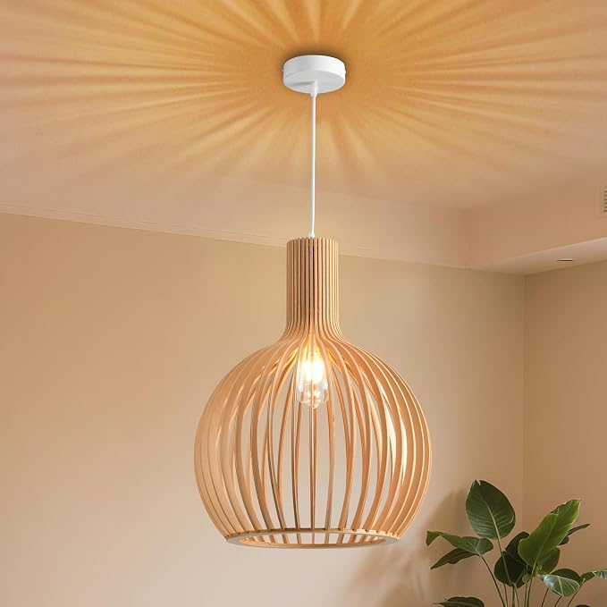 Wood Pendant Light, Natural Weaving Hanging Lamp, E26 Base Wooden Hand Made Chandelier, Boho Height Adjustable Dining Table Hanging Lamp for Bedroom Bar Café Kitchen Island Hallway Living Room