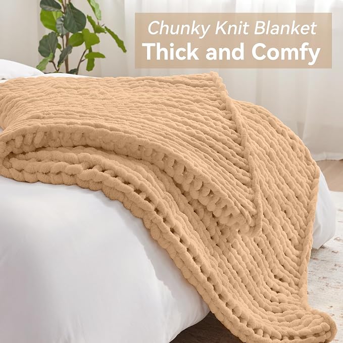 Negwoo Chunky Knit Throw Blanket, 50''*60'' Knitted Throw Chenille Yarn for Bed Couch, Handmade Beige Crochet Big Thick Blanket, Machine Washable Cute Comfy Blanket for Home Decor