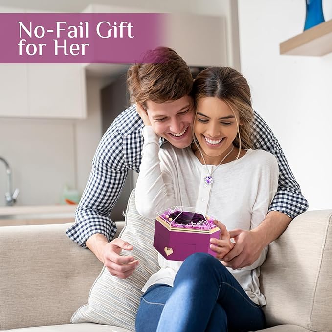 Preserved Real Rose with Necklace Forever Flowers Diamond shaped Box for Mom Wife Girlfriend Grandma on Mothers Day Birthday Valentines Christmas Anniversary Beatiful Gifts for women (Purple)