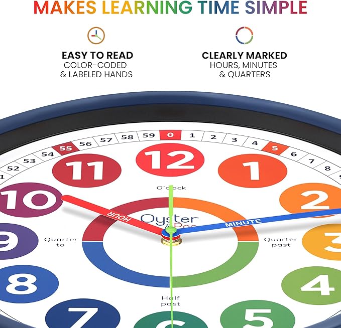 Oyster&Pop 16 Inch Extra Large Classroom Clock for Kids Learning to Tell Time – Silent Non-Ticking Analog Wall Clock – Color Coded Easy to Read – Indoor Outdoor