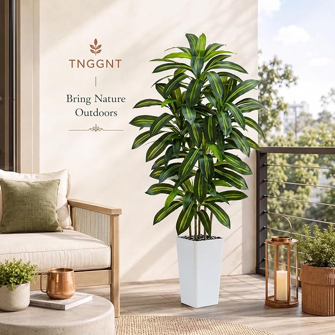 Artificial Dracaena Tree：5FT Faux Silk Tropical Yucca Floor Trees Realistic Fake Green Plant with Natural Wood Trunk & Lifelike Leaves for Home Office Decor Indoor & Outdoor (5FT,1-Pack,White)