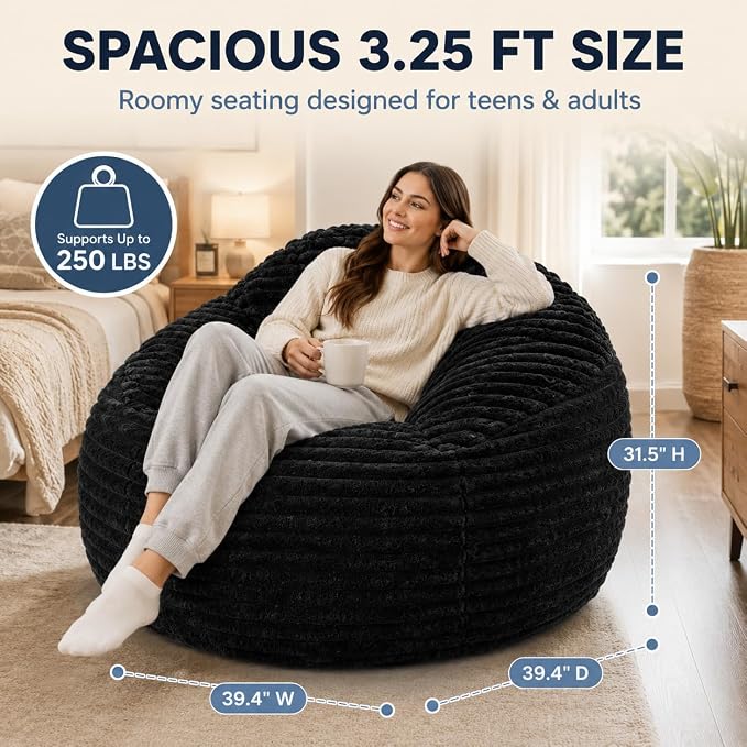 Simple Deluxe 3.25 ft Faux Fur Memory Foam Bean Bag Chair, Large Comfy Lazy Chair for Adult with Washable Cover, Perfect for Reading Gaming in Living Room Bedroom, Black