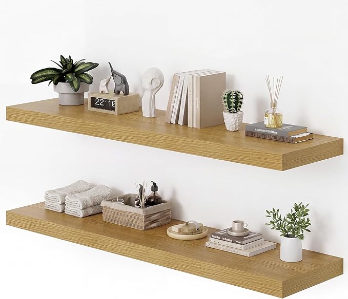 Heimlove 12 Inch Deep Floating Shelves for Wall, 55x12 Mounted Shelves for Bedroom Living Room Bathroom Kitchen Home Office, Set of 2, Oak