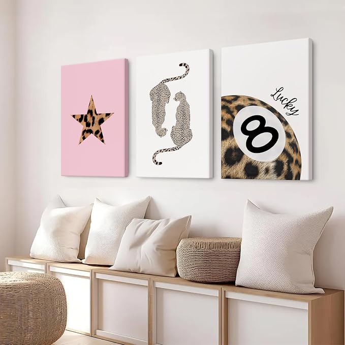 Leopard Wall Art Cheetah Canvas Prints Lucky 8 Ball Wall Decor Fashion Leopard Poster Aesthetic Pictures Trendy Cheetah Painting Preppy Artwork for Living Room Bedroom 16x24x3 Inch Ready to Hang
