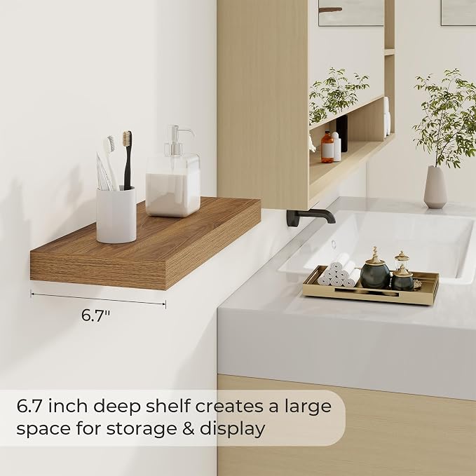 Dreamland 20Inch Walnut Floating Shelves 6.7" Deep Wall Mounted Set of 2 | Wall shelves for bathroom, bedroom, Living Room, kitchen, deep wall mount wood storage display for home decor 20" x 6.7"