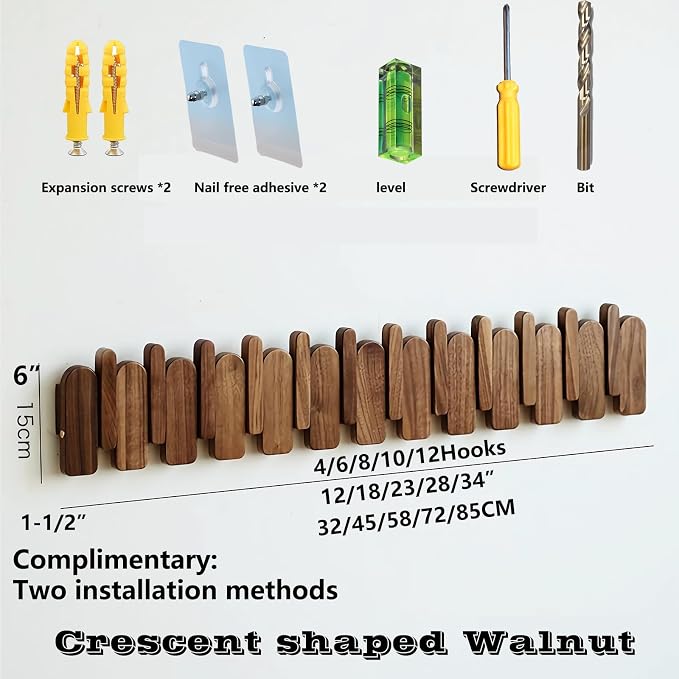 Wall Mounted Coat RackHooks Piano Key Hangers Natural Solid Wood Hanger Non-Woven Fabric Clothes Hangers for Closet, Kitchen, Bedroom, Bathroom, Entryway (Moon Walnut-Beech, 12 Hooks)