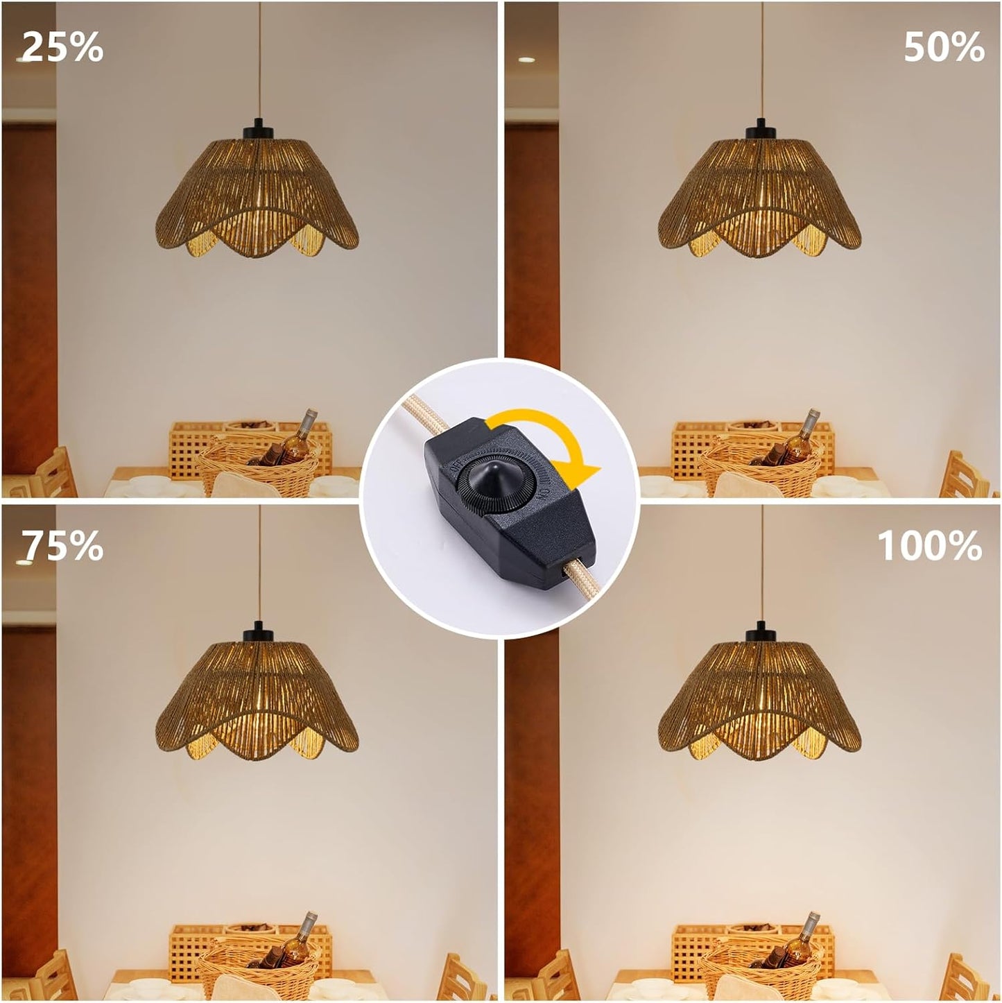 Plug in Pendant Light, Boho Rattan Hanging Lights with Plug in Cord,Rustic Hand Woven Wicker Hanging Lamp with On/Off Switch, Adjustable Plug in Ceiling Light for Kitchen Bedroom Living Room