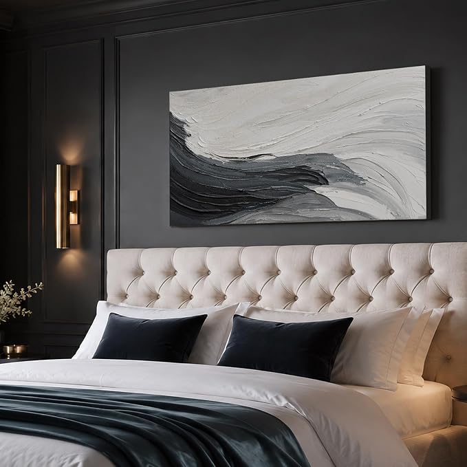 Modern Minimalist Black & White Ocean Wall Art, Large Abstract Wall Decor | Hand-Painted Oil Painting Canvas Artwork for Living Room Bedroom Office, Original Horizontal Coastal Wall Art Home Decor Gift