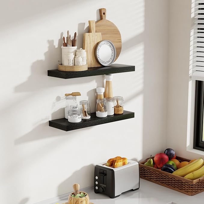 Acovy 24 Inch Floating Shelves, 8 Inch Deep Floating Shelves for Wall, Hanging Shelf with Invisible Brackets, Deep Shelves for Bathroom, Bedroom, Living Room, Black, Set of 2