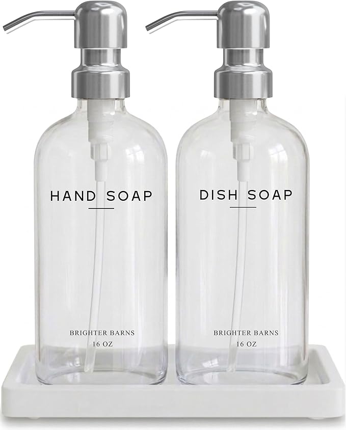 Glass Hand and Dish Soap Dispenser Set by Brighter Barns - Modern Kitchen Soap Dispensers with Stainless Steel Pump - Neutral Home Decor for Hotel, Restaurant, Vacation Rental, Airbnb (Clear/Silver)