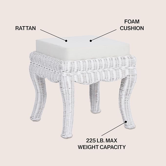JONATHAN Y Rowan Woven Rattan Vanity Stool with White Cushion, 18.5" Coastal Backless Makeup Chair for Bedroom & Bathroom, White Distressed Mango Wood Wicker Ottoman Footrest VSL1000D