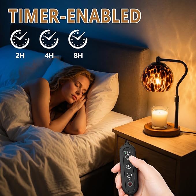 Candle Warmer Lamp with Timer & Dimmable Brightness Levels, Adjustable Height Wax Melt Lamp for Jar Candles, Tortoise Shell Glass Shade with Wooden Base, House Warming Decor Gifts Mothers Day Gifts