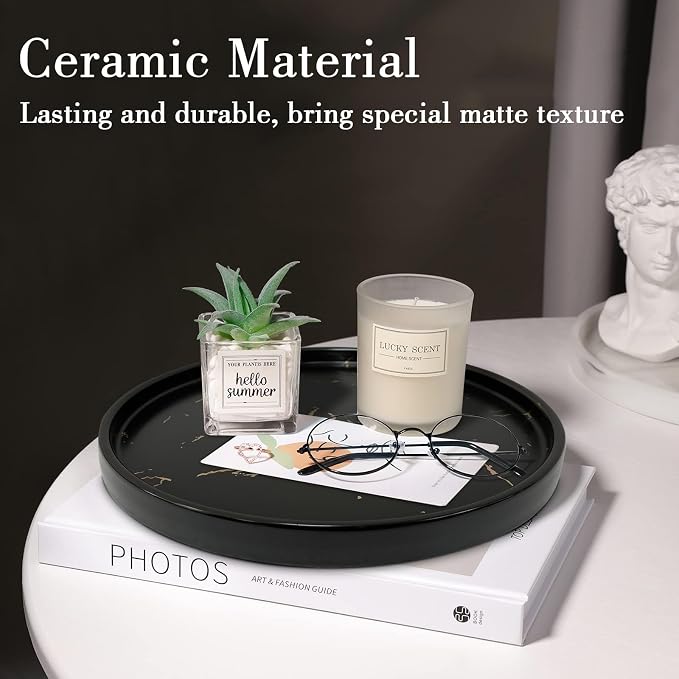 Black Round Marble Bathroom Sink Vanity Tray, Coffee Table Stone Tray, Soap Dish for Kitchen Counter (Black, 8 in)