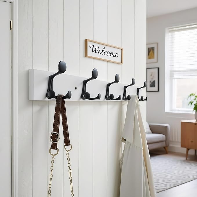 WEBI Coat Rack Wall Mount,30" Solid Wood Coat Hooks Wall Mounted Coat Hanger,16" Hole to Hole,Heavy Duty Hook Rack Rail,5 Triple Hooks for Hanging Coats,Jacket,Clothes,Hat,Backpack,White,2 Packs