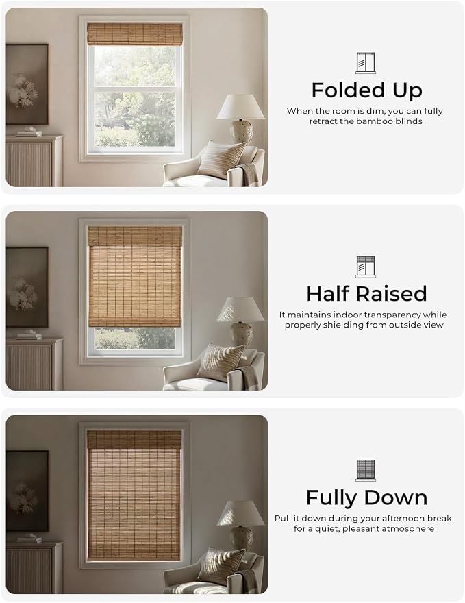 UNISHADES No Drill Cordless Bamboo Roman Shades, 39×64 in, Teak | Natural material, Light Filtering, Easy Install