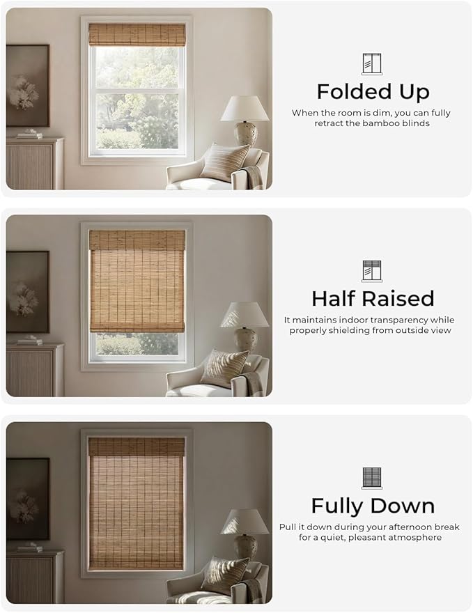 UNISHADES No Drill Cordless Bamboo Roman Shades, 33.5×64 in, Teak | Natural material, Light Filtering, Easy Install