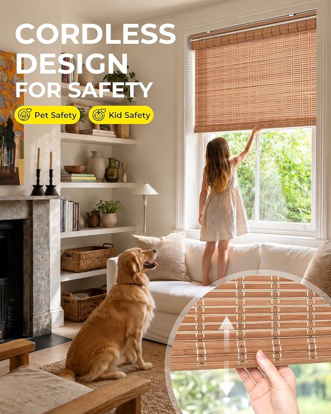 UNISHADES Cordless Bamboo Roller Shades, 47×70 in, Brown206 | Woven from Wide Bamboo Strips Roll Up Blinds, Protecting Privacy, Light Filtering