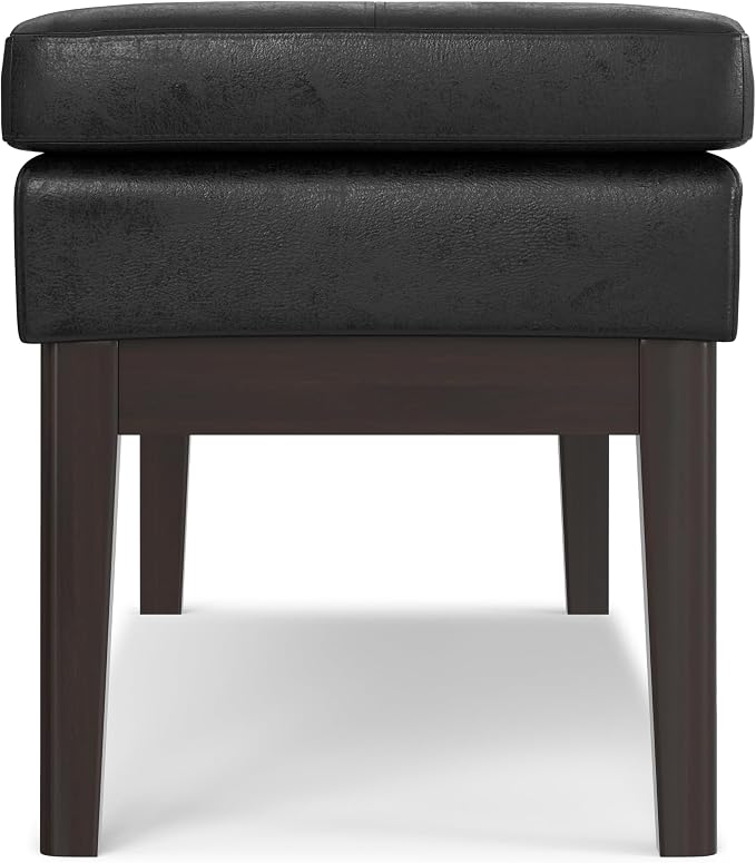 SIMPLIHOME Carlson Ottoman Bench - 45 inch Wide Upholstered Vegan Leather Rectangle Ottoman in Distressed Black, Mid Century Modern Bench for Bedroom, Entryway or Living Room with Padded Seat