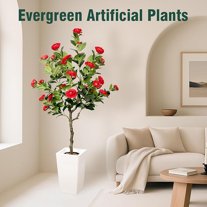 Artificial Camellia Tree 5FT, Red Flower Tree in White Pot, Faux Outdoor Indoor Plant, Christmas,Potted Artificial Flower for Home Office Housewarming Porch Decor (61'' Height)
