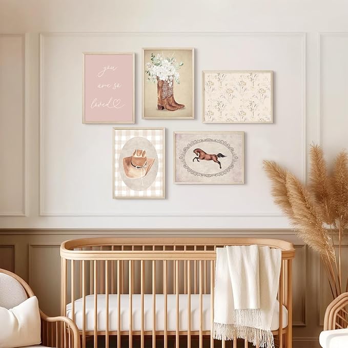 Cowgirl Nursery Wall Art Coquette Western Girl Poster Vintage Horse Floral Canvas Pictures Aesthetic Pink Preppy Room Wall Decor Rustic Cowgirl Prints for Girls Bedroom 12x16x5 Inch Wood Framed