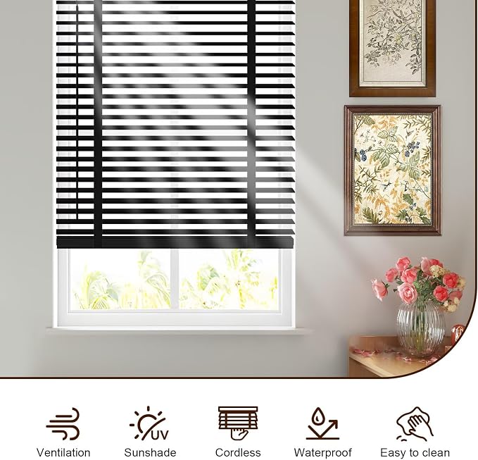 2" Cordless Real Wood Blinds for Indoor Windows, Black, 30" W x 48" H | Horizontal Venetian Blinds with Tilt Wand, Light Filtering, Privacy Control, Easy Installation for Bedroom, Living Room
