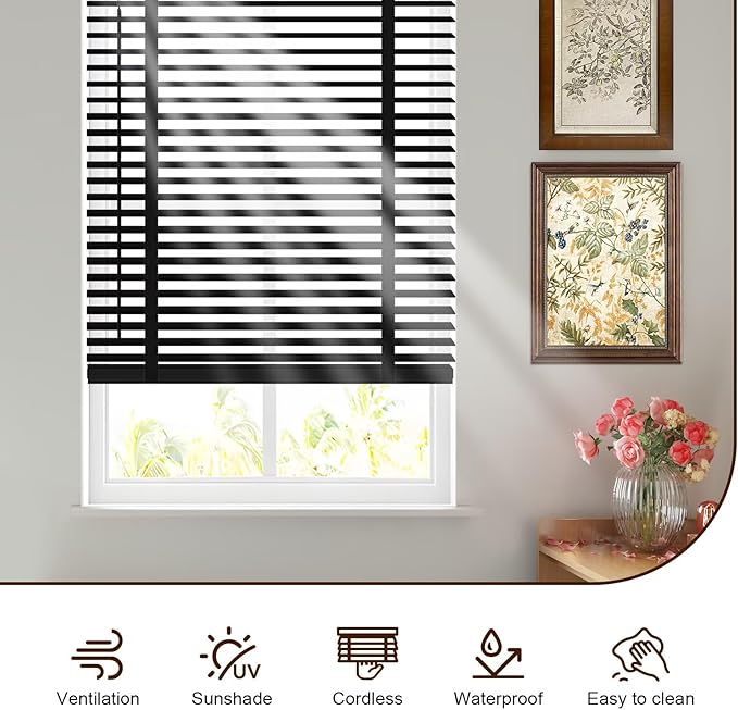 2" Cordless Real Wood Blinds for Indoor Windows, Black, 34" W x 72" H | Horizontal Venetian Blinds with Tilt Wand, Light Filtering, Privacy Control, Easy Installation for Bedroom, Living Room