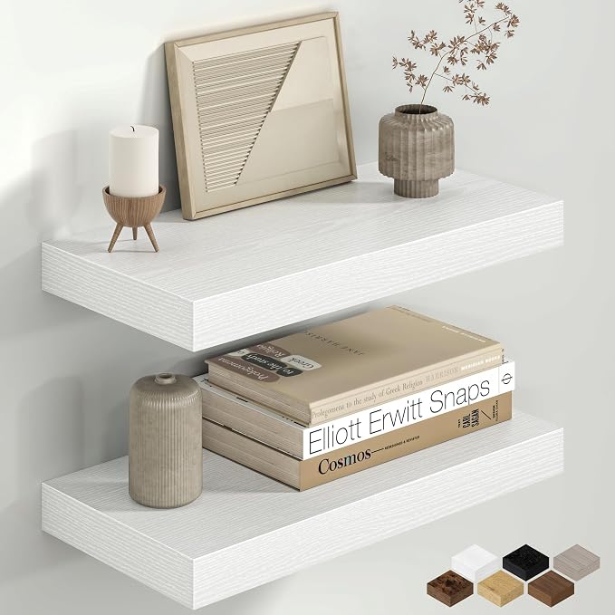 Fun Memories 16 Inch Floating Shelves for Wall, 8 Inch Deep Rustic Wood Wall Mounted Shelves with Invisible Brackets for Bathroom, Bedroom, Kitchen & Living Room Storage Decor, White, 2 Pack