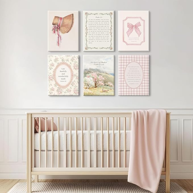 Christian Nursery Wall Art Bible Verse Canvas Wall Decor Pink Vintage Girls Nursery Poster Scripture Floral Bow Print Coquette Room Decor Pictures Jesus Artwork for Bedroom 12x16x6 Inch Wrapped Canvas